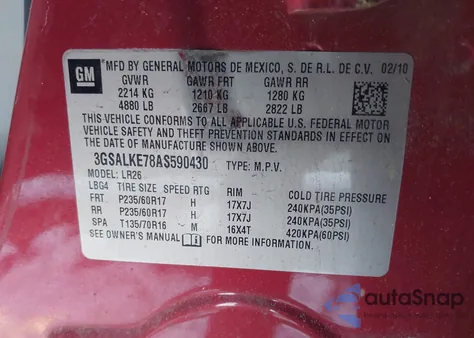 2010 Saturn Vue Xr-V6 z USA, uszkodzony, nr VIN 3GSALKE78AS590430